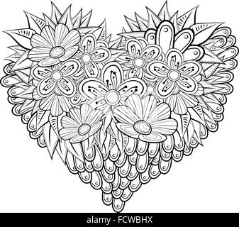 Vector heart-shaped pattern for coloring book. Ethnic retro design in zentangle style with floral elements Stock Vector