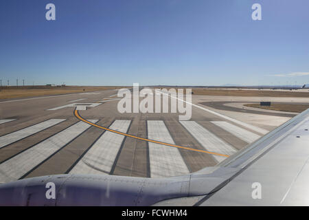 Airport Runway With Airplane Wing, Denver, USA Stock Photo