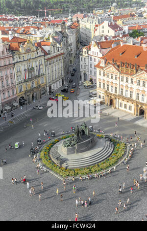 PRAGUE - AUGUST 6: Aerial view of  Old Town Square - Clock's square and Jan Hus monument. People sitting and walking around on a Stock Photo