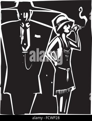 Woodcut syle image of a woman in a flapper dress smoking and a man in a Zoot Suit Stock Vector