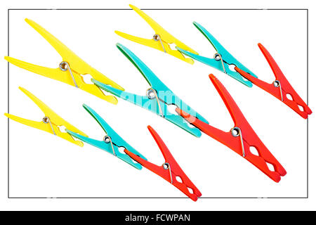 Nine coloured pegs clipped together against a white background Stock Photo