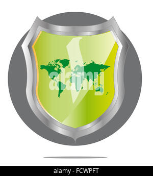 Illustration of green world map in grey shield Stock Photo