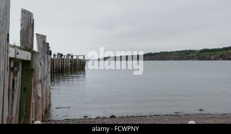 People fishing at the end of a dock in Springtime. Nova Scotia coastline in June. Stock Photo