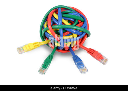 Ball of Brightly Multi Colored Network Cables and Plugs Isolated on White Background. IT issues and solution background image Stock Photo