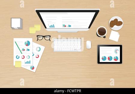 Analytics process on the work desk top view with textured table Stock Vector