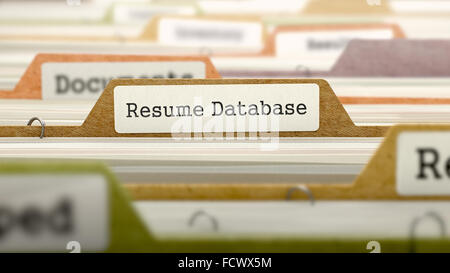 Resume Database Concept on File Label in Multicolor Card Index. Closeup View. Selective Focus. Stock Photo