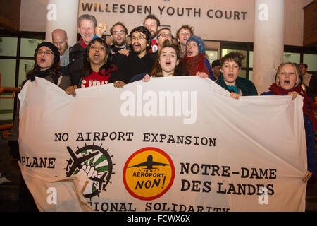 London, UK 25th January 2016. Plane Stupid activists after a court hearing at Willesden Magistrates, following charges for aggravated trespass and being in a restricted area of Heathrow Airport without permission. They were found guilty and will face sentencing on 24 February. Credit:  Jonathan Goldberg/Alamy Live News Stock Photo