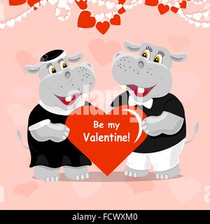 Be my Valentine lettering greeting card with two cute hippos in love. Stock Vector