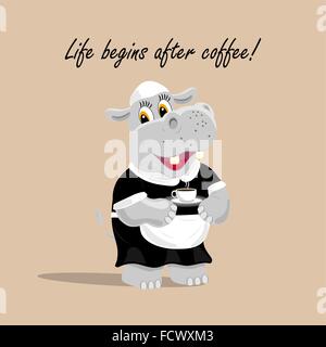 Vector illustration with a cute hippo waiter holding a cup of coffee. Life begins after coffee lettering. Stock Vector