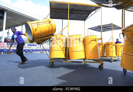 Port of Spain, Trinidad. 24th January, 2016. Steel pans are assembled for Our Boys Steel Orchestra at the semi-finals of Panorama in the Queen's Park Savannah during Carnival in Port of Spain, Trinidad on Sunday January 24, 2016. (Photo by Sean Drakes/Alamy Live News) Stock Photo