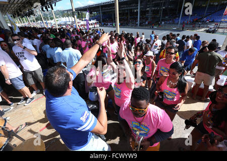 Port of Spain, Trinidad. 24th January, 2016. People party in the North Stand at the semi-finals of Panorama in the Queen's Park Savannah during Carnival in Port of Spain, Trinidad on Sunday January 24, 2016. (Photo by Sean Drakes/Alamy Live News) Stock Photo
