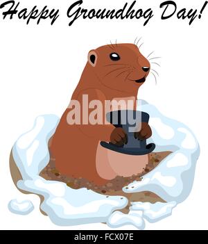 Vector illustration with cute groundhog holding black hat out of a hole. Stock Vector
