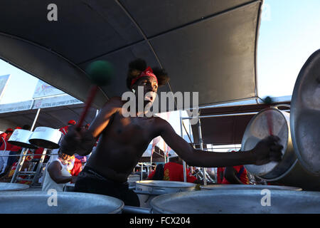 Port of Spain, Trinidad. 24th January, 2016. Nicolas Thomas, 20, rehearses with NGC Steel Xplosion Steel Orchestra at the semi-finals of Panorama in the Queen's Park Savannah during Carnival in Port of Spain, Trinidad on Sunday January 24, 2016. (Photo by Sean Drakes/Alamy Live News) Stock Photo