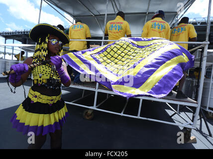 Port of Spain, Trinidad. 24th January, 2016. Flag waver Dillana Pardassie, 9, performs with Tamana Pioneers Steel Orchestra at the semi-finals of Panorama in the Queen's Park Savannah during Carnival in Port of Spain, Trinidad on Sunday January 24, 2016. (Photo by Sean Drakes/Alamy Live News) Stock Photo