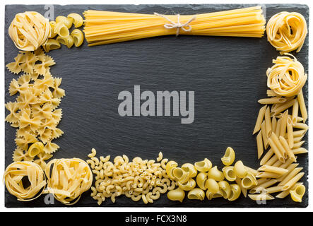 Pasta frame on the slate stand. Stock Photo