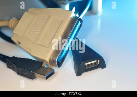 many connectors for for connecting peripherals (usb vs lpt) Stock Photo