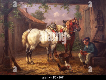 Horses in stable oil painting by Dutch artist Willem Jacobus Boogaard (1842-1887) Stock Photo