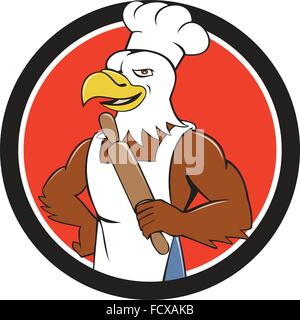 Illustration of a bald eagle baker chef cook holding rolling pin looking to the side  set inside circle done in cartoon style. Stock Vector