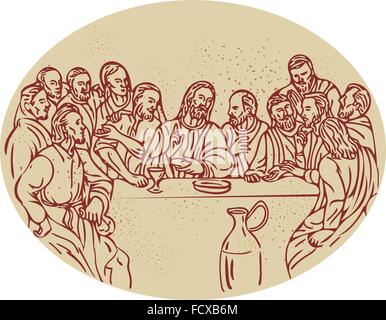 Drawing sketch style illustration of the last supper with Jesus and the apostles disciples set inside oval shape. Stock Vector