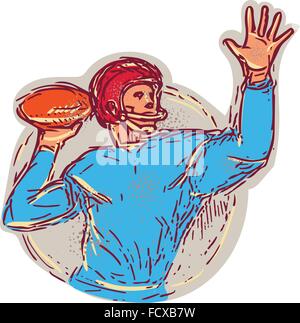 Drawing sketch style illustration of an american football gridiron quarterback qb throwing ball viewed from the side set on isolated white background. Stock Vector