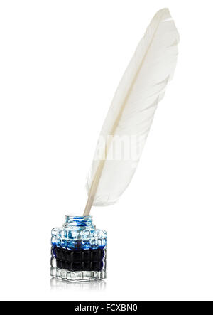 White feather quill pen and glass inkwell isolated on a white background. Retro style. Stock Photo