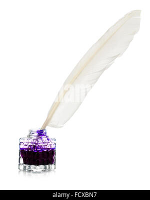 White feather quill pen and glass inkwell isolated on a white background. Retro style. Stock Photo