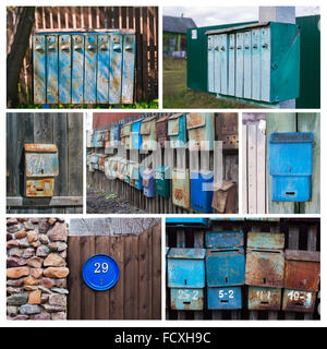 Photo collage of old mailboxes with rust attached to the fence Stock Photo