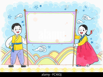 Frame with man and woman in traditional Korean costumes Stock Photo