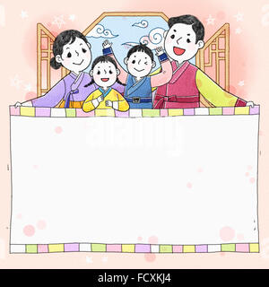 Frame with harmonious family in traditional Korean costumes Stock Photo