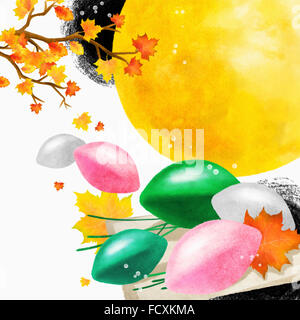 Background of traditional Korean holiday, Chuseok with rice cakes, autumn leaves and full moon Stock Photo