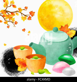 Traditional Korean holiday with tea, rice cakes and full moon Stock Photo