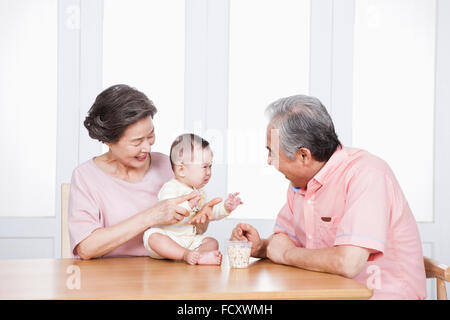 Portrait of loving grandparents playing with their baby grandchild Stock Photo