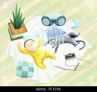 Baby and a cat sleeping together in illustration Stock Photo