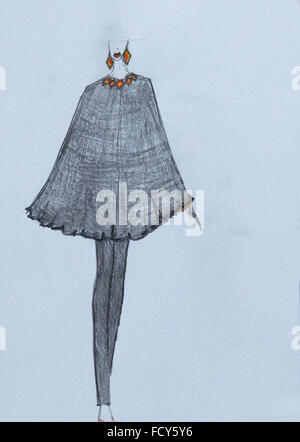 Handmade fashion sketch of a long black tight pants and black wool poncho Stock Photo