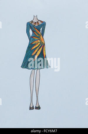 Handmade fashion sketch, fashion draw of a woman dress, gown, in blue with abstract  pattern Stock Photo