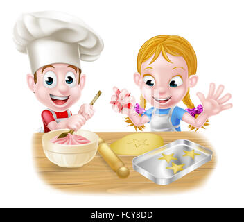 Cartoon chef children baking dessert cakes and biscuits in the kitchen Stock Photo