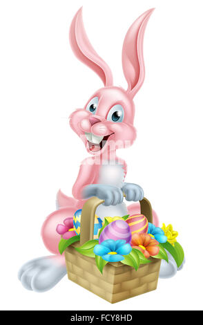 Cartoon Easter bunny rabbit holding an Easter basket full of chocolate Easter eggs Stock Photo