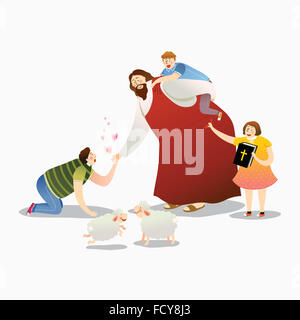 Jesus Christ carrying a boy on his shoulders with a girl sitting on the ...
