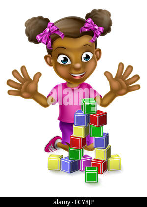 Cartoon black girl playing with stacking toy building blocks Stock Photo