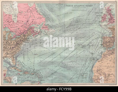 NORTH ATLANTIC: showing shipping routes Telegraph cables ocean currents 1890 map Stock Photo