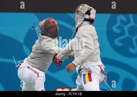 James Honeybone (GBR) vs Tiberiu Dolniceanu (ROU). Men's Sabre Individual Table of 16. Fencing. Crystal Hall. Baku2015. 1st European Games. Baku. Azerbaijan. 23/06/2015 Stock Photo