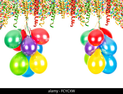Party decoration. Air balloons, confetti and serpentine on white background Stock Photo