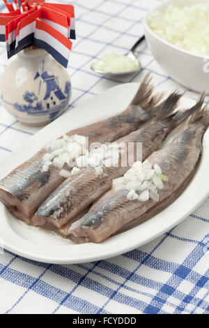 Traditional Dutch raw herring with onions on a dish Stock Photo