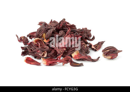 Heap of dried hibiscus flowers on white background Stock Photo