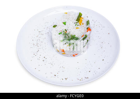 Healthy basmati rice with vegetables in white plate, isolated with clipping path Stock Photo