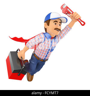 3d working people. Super Plumber flying with toolbox and pipe wrench. Isolated white background. Stock Photo