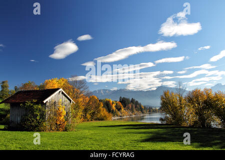 Autumn landscape with view on the Alps at the Forggensee in Allgäu, Bavaria, Germany. Stock Photo