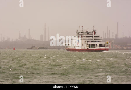 Southampton, Hampshire, UK, January weather. Choppy seas for a Red Funnel Isle of Wight ferry crossing the Solent from the mainland port of Southampton in heavy rain and strong winds. Stock Photo