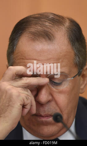 Moscow, Russia. 26th Jan, 2016. Russian Foreign Minister Sergei Lavrov gestures during his annual press conference in Moscow, capital of Russia, on Jan. 26, 2016. Russia intends to build relationships with western countries on the basis of equality and mutual benefit, and it will no longer yield to external pressure, Foreign Minister Sergei Lavrov said Tuesday. © Dai Tianfang/Xinhua/Alamy Live News Stock Photo
