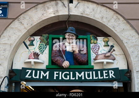 Zum Figlmüller, sign over the entrance to Figlmueller Wollzeile, the most famous Schnitzel restaurant in Vienna, Austria Stock Photo